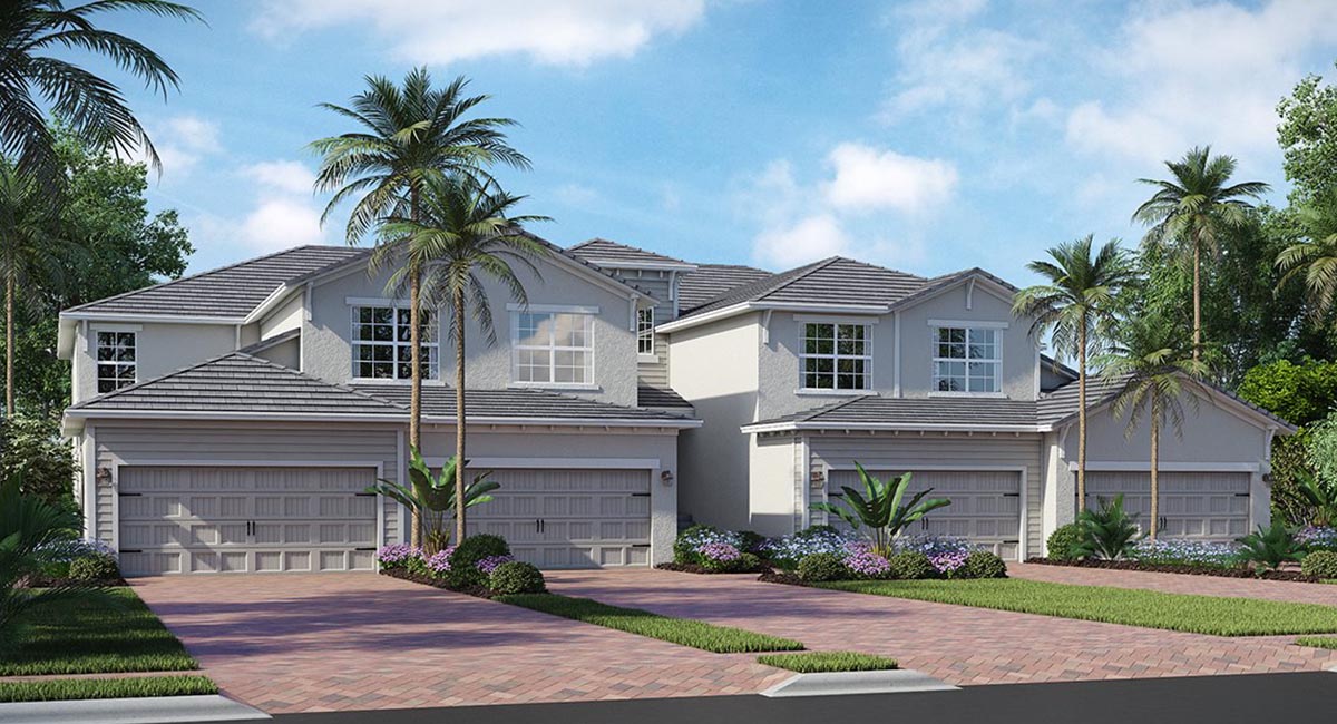 A rendering of the front of a house with palm trees.
