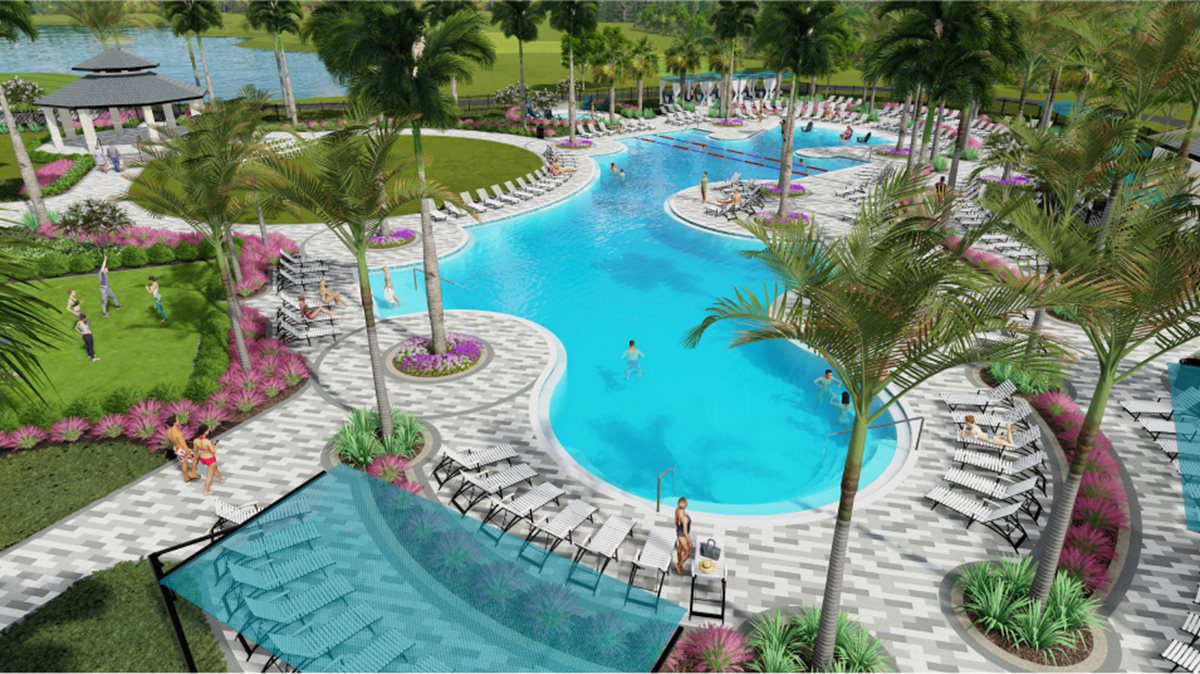 Resort pool with palm trees and lounge chairs